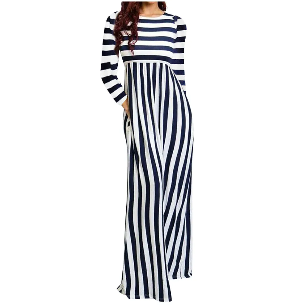 

dress vestidos Halloween S-3XL 2019 vestido women dress ropa mujer shein robe Beach O-Neck Long Sleeve Striped Pockets Dress Z4