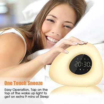 

Alarm Clock Wake up Light Sunrise Sunset Simulation with 10 Nature Sounds 7 Colors Light Touch Control RGB Dimmable Night Lamp