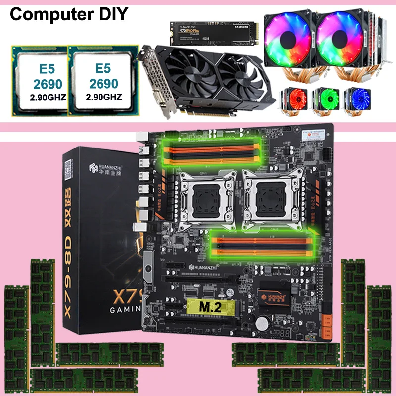 Best Price HUANANZHI X79-8D dual X79 motherboard with M.2 NVMe slot dual CPU Xeon E5 2690 coolers RAM 128G(8*16G) RECC GPU GTX1050TI 4GD5