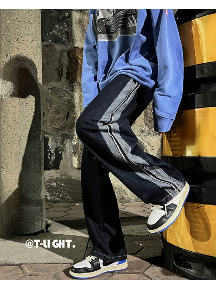 ICCLEK High Street Stitching Jeans Straight Wide-leg Jeans Autumn Men's Jeans Loose Casual Trousers Mens Jeans  Men Clothing