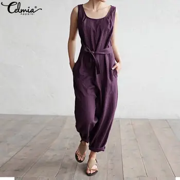 

Celmia Women Jumpsuits 2020 Summer Trousers Office Work Harem Pants Sleeveless Rompers Elegant Casual Linen Overalls Palazzo 5XL