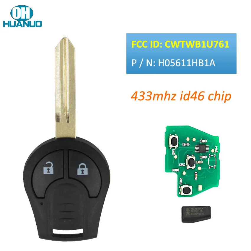 2 кнопки дистанционного управления для Nissan Micra K14 2010 + 433 МГц ID46 чип FCC ID:CWTWB1U761 P/N: