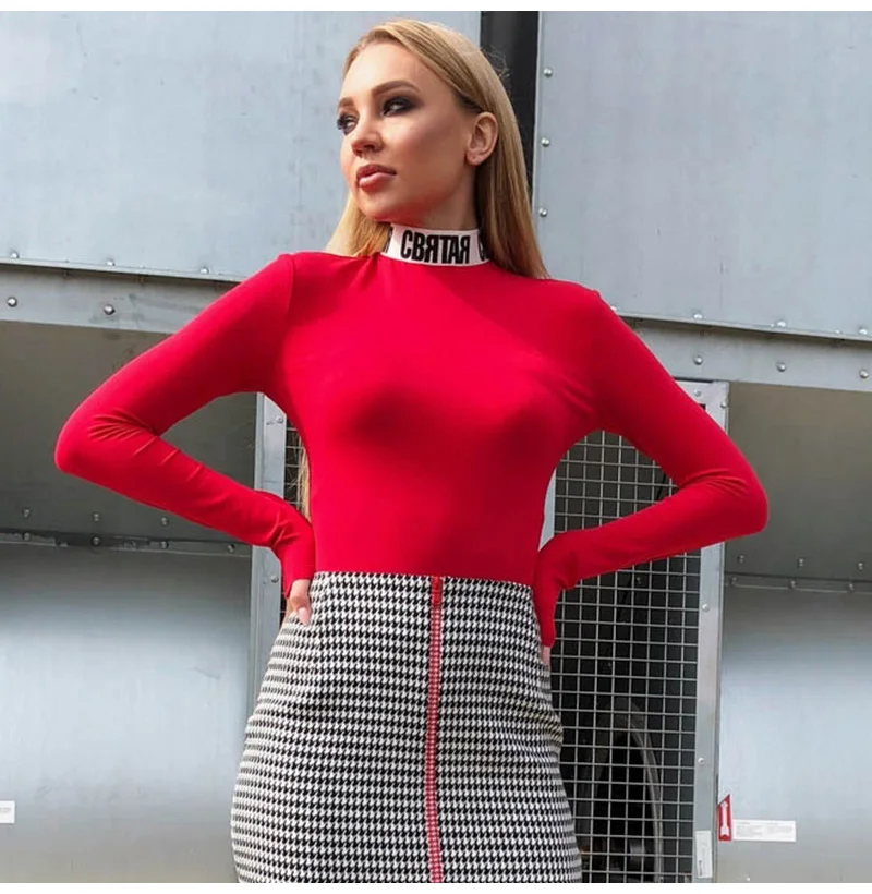 2020 Turtleneck Long Sleeve Bodysuits Women Casual Letter Printed Mock Neck Spring Autumn Skinny Tops Playsuits Moda Feminina