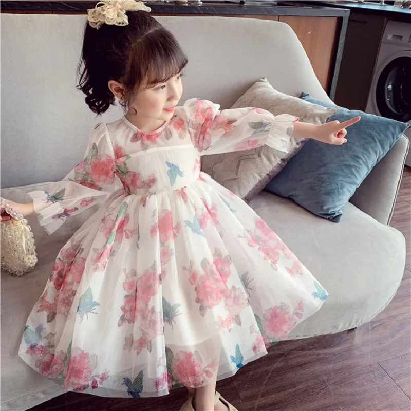 Spring Girls Princess Dress Long Sleeve Children Clothing Floral Sweet Family Party Wear Tulle Baby Girls Dress Vestidos 3-14Y