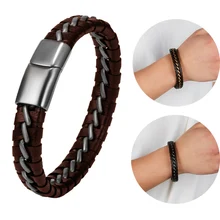 RINHOO новые мужские украшения панк черный коричневый плетеный кожаный браслет для мужчин застежка из магнитного сплава Модные мужские браслеты подарки 22 см