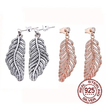 

Original 925 Sterling Silver Sparkling crystal Feather Drop Earrings for Women Light as leaves Stud Earrings Fashion Jewelry