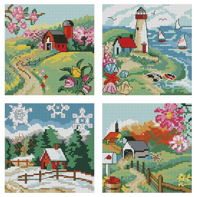 landscape scenery four Seasons spring summer autumn winter Country house village 8513