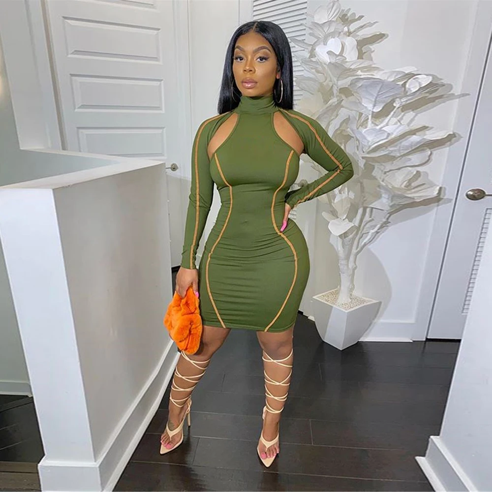 

KGFIGU Women long sleeve mini dress 2020 New Arrivals armygreen bodycon vestidos Casual cut out dresses streetwear drop shipping