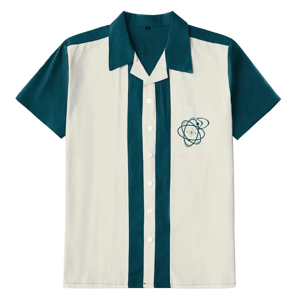 Пользовательские чирок и слоновой кости Боулинг Рубашка с атомной вышивкой мужская панк рокабилли одежда размера плюс XXXL - Цвет: ST127TI-atomic