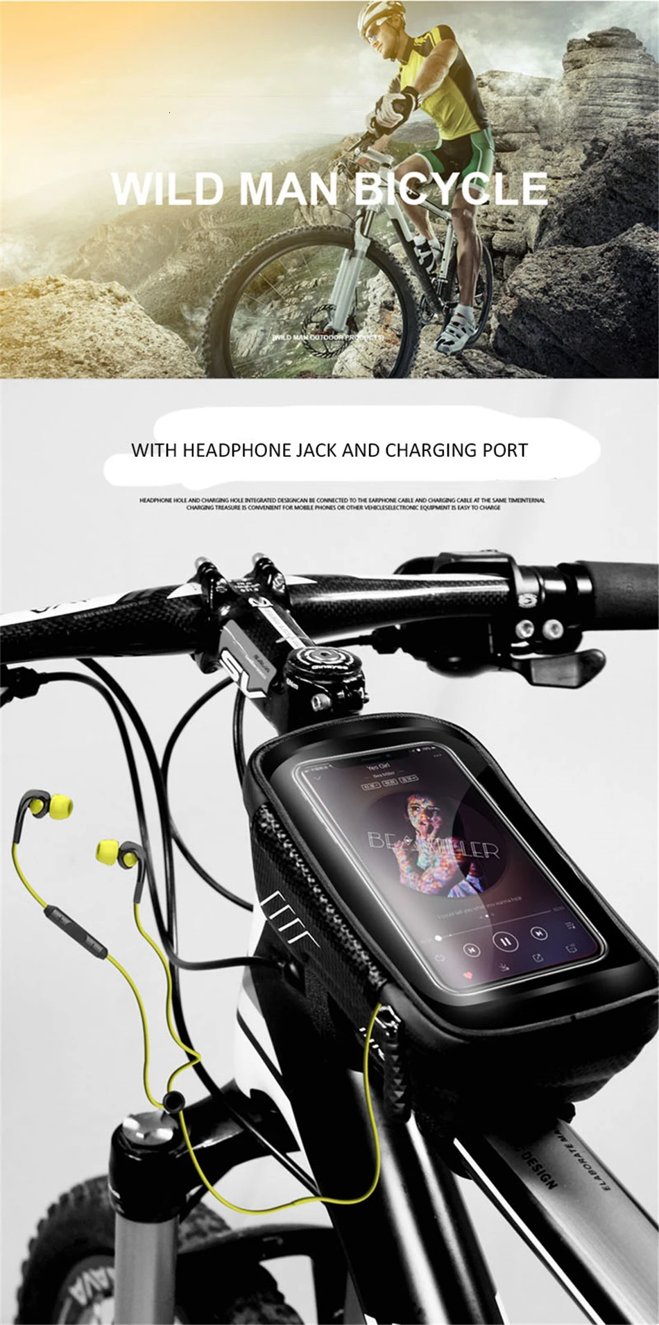 Perfect WILD MAN Mountain Bike Bag Bicycle Front Frame Top Tube Bag Waterproof Touch Screen Mobile Phone Case for 4.7-6.5 inch Cellphone 18