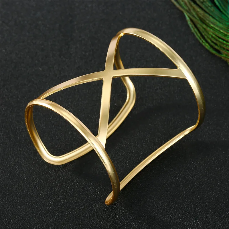 1PC Punk Geometric Hollow Wide Cuff Bracelets Bangles For Women Men Unisex Alloy Open Big Bangle Bracelet Fashion Jewelry B43 - Окраска металла: 1