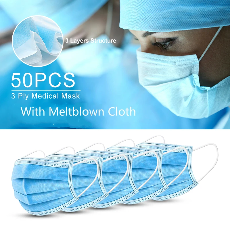 

50Pcs Disposable Dustproof Face Mouth Masks 3 Layer Anti PM2.5 Coronavirus Influenza Bacterial Facial Dust-Proof Safety Masks