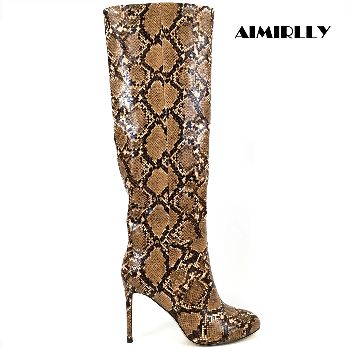 Women's Boots Round Toe High Heels Knee High Boots Snake Pattern Ladies Winter Shoes Fashion Outdoor Party Wear Aimirlly