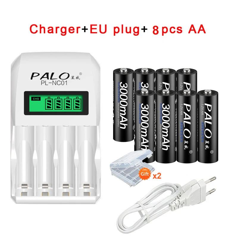 8pcs AA charger EU 4 шт. AA батареи, перезаряжаемые батареи 1,2 V AA 3000mAh Ni-MH Предварительно заряженный аккумулятор 2A батареи для камеры фонарик - Цвет: 8pcs AA charger EU