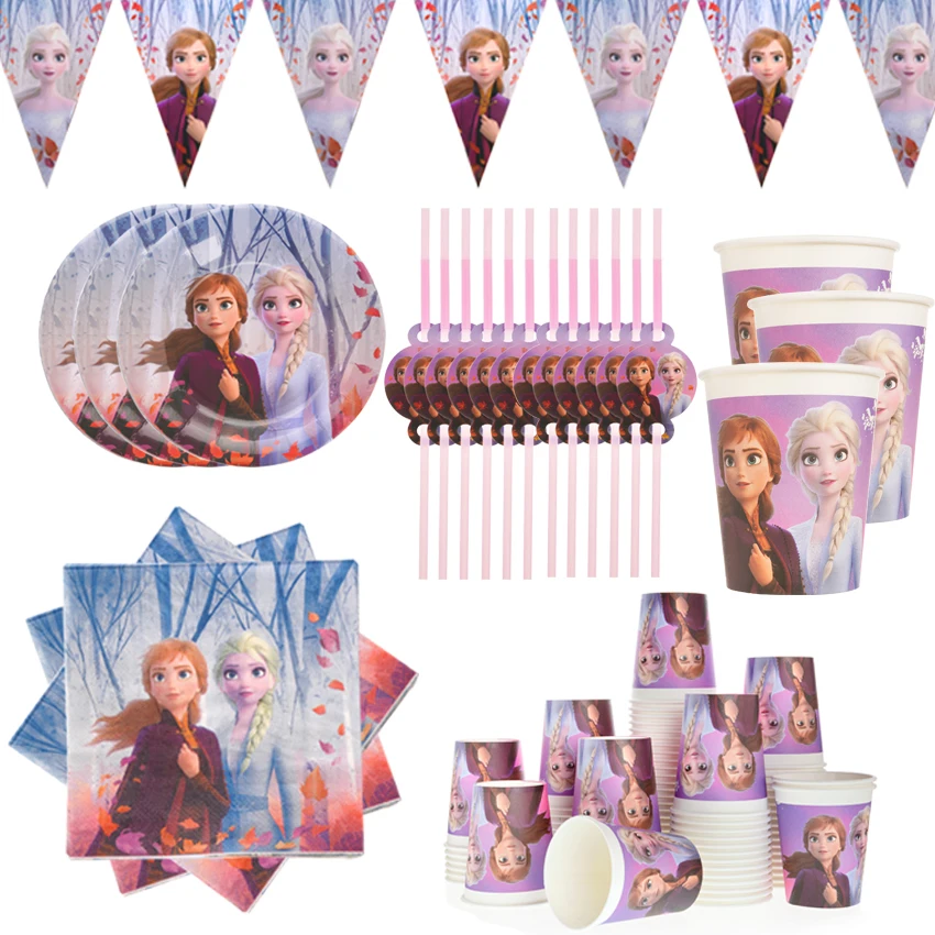 

Frozen 2 Party Disposable Tableware For Kids Baby Shower Birthday Inclued Cup Napkin Plate Straws Tablecover Birthday Decoration