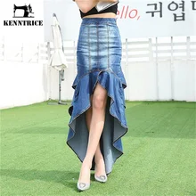 KENNTRICE Высокая талия Женская джинсовая юбка покроя "Русалка" Синяя сексуальная Длинная джинсовая юбка Осенняя Женская Асимметричная винтажная рюшами