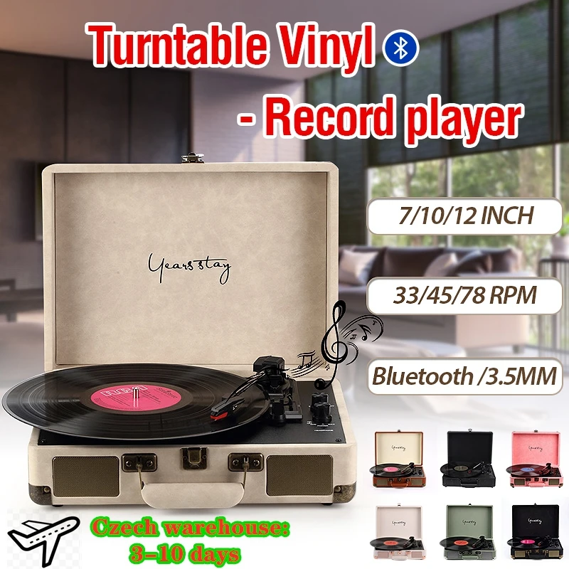 Vinyl Turntable Record Player LP Disc 33/45/78 RPM Bluetooth  Portable Leather Gramophone Phonograph Speaker 3.5mm Antique Retro