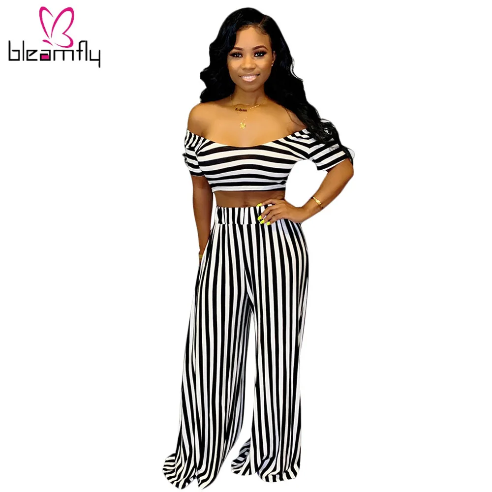 

2019 Women Summer New Stripes Print Off Shoulder Tee Crop Top & Loose Pants Suit Two Piece Set Beach Vintage Tracksuits Outfits