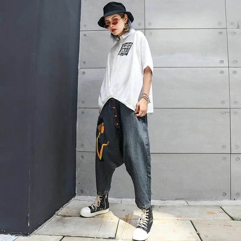 Новинка осени, женские свободные джинсы с высокой талией, шаровары на пуговицах, синие джинсовые штаны с принтом