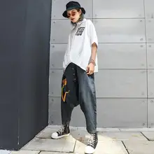 Новинка осени, женские свободные джинсы с высокой талией, шаровары на пуговицах, синие джинсовые штаны с принтом