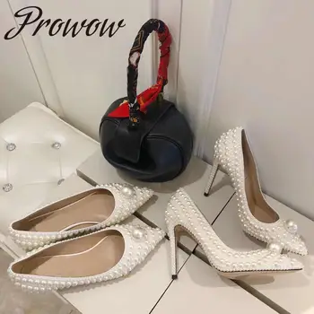 

New2020 New Autumn Genuine Leather Pearl Beading Slip On Pumps Sexy Pointed Toe Thin HIgh Heel Pumps Shoes Ladies