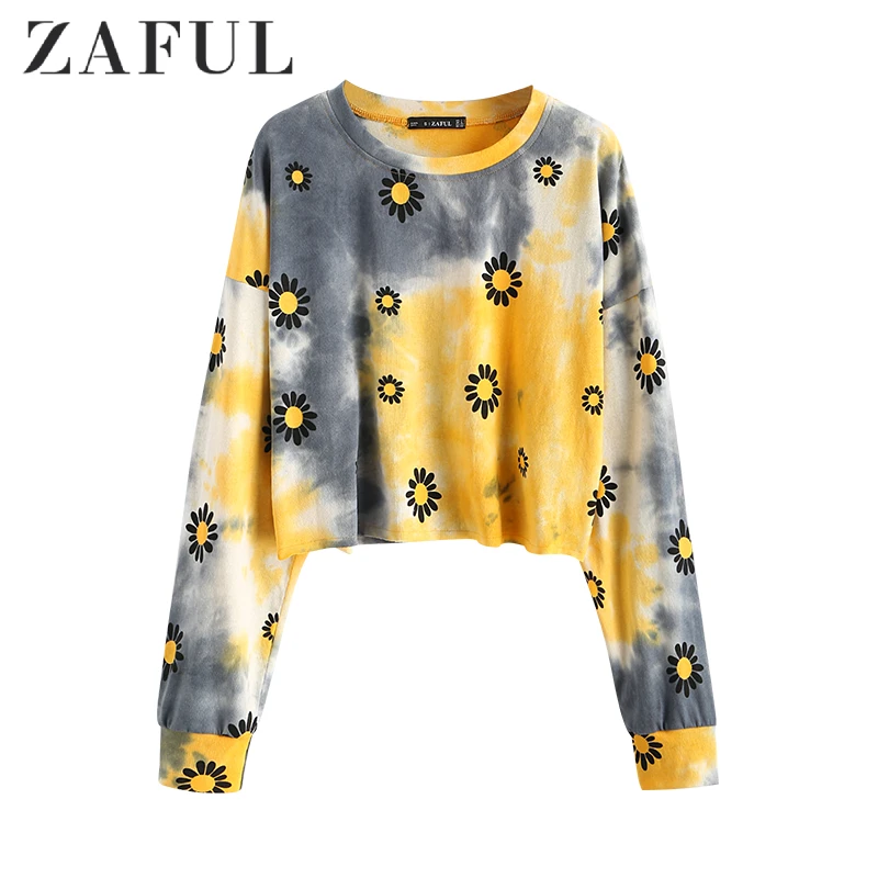 

ZAFUL Daisy Tie Dye Raw Hem Boxy Sweatshirt Floral Sweatshirt Round Collar Drop Shoulder Short Tops Autumn Warm Women Sweatshirt