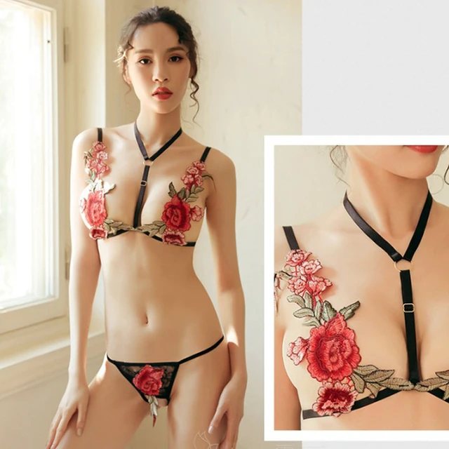 Sexy Ultrathin Lace Brooch Bra Sets With Split Neck Embroidery