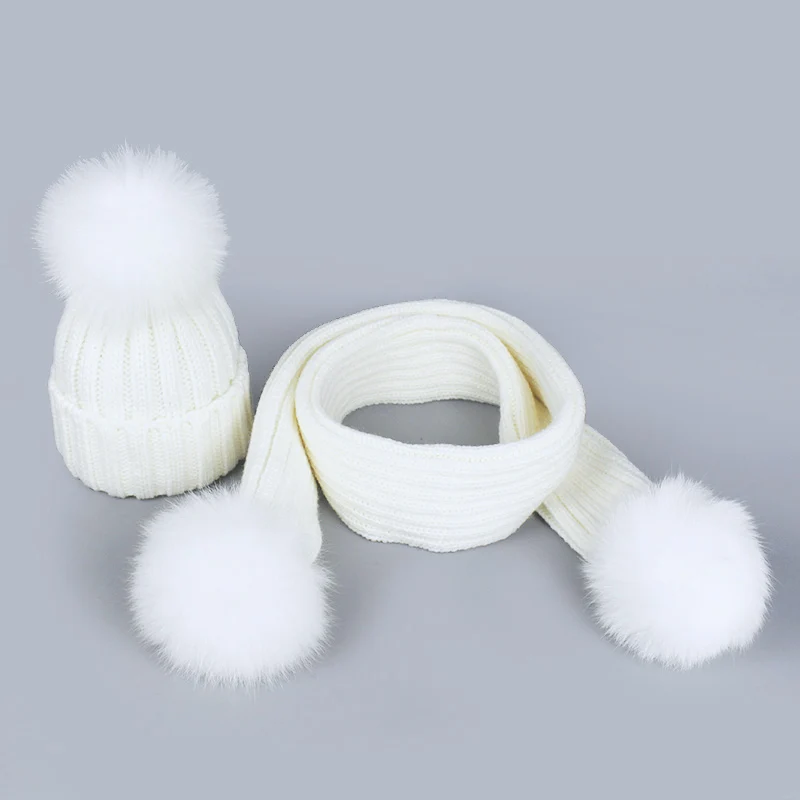 White-Set Осень-зима, детский, взрослый, леди, помпон из лисьего меха, женская вязаная шапка, шапка, шарф, набор, детский, Soild, вязаный крючком, большой помпон, шапки, s - Цвет: White-Set