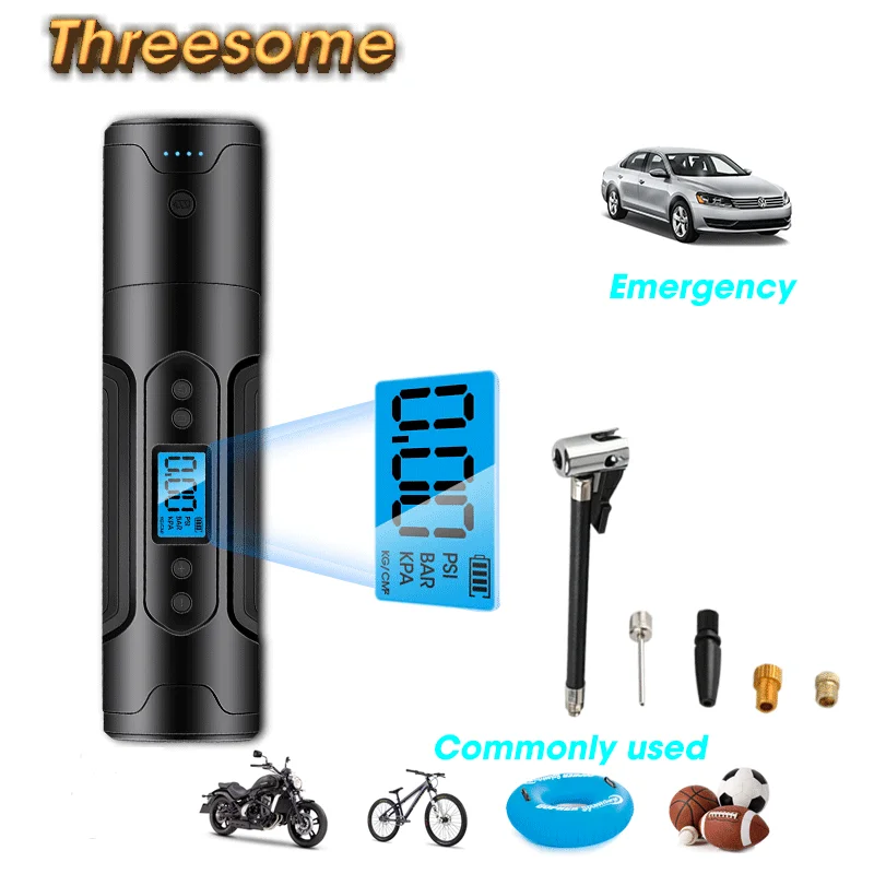 

Threesome Wireless Portable Mini Air Pump Compressor 3 in 1 Inflatable pump Digital Display Inflator for Bicycle Swimming Ring