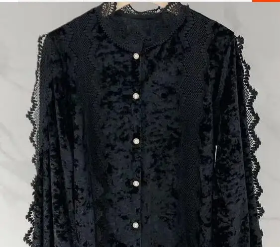 black top Элегантная женская бархатная кружевная Лоскутная Блузка, рубашка с длинным рукавом, Женский Топ, осенняя Сексуальная сорочка, женская блуза, женская рубашка - Цвет: black top