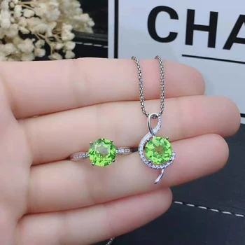 

Fidelity Natural 8mm peridot s925 sterling silver fresh fine jewelry sets gift for women natural lemon gemstone rings pendant