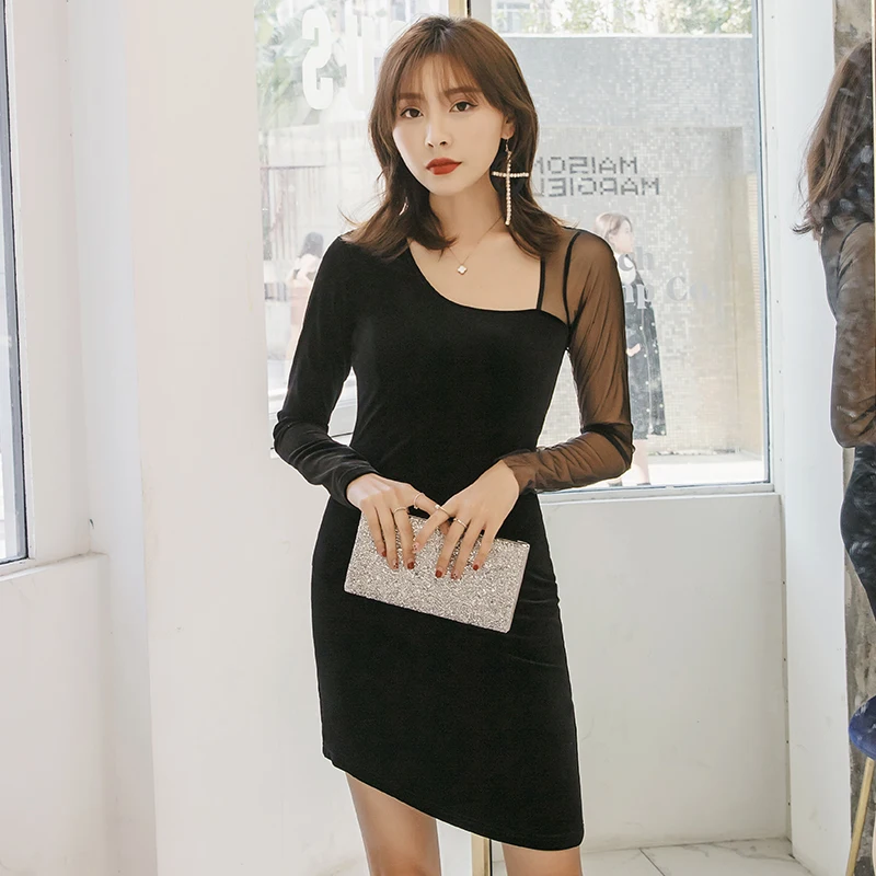 

YIGELILA New Arrivals Women Black Dress Full Sleeves Square Collar Slim Sexy Dress Above-knee Velvet For Party Dress 65320