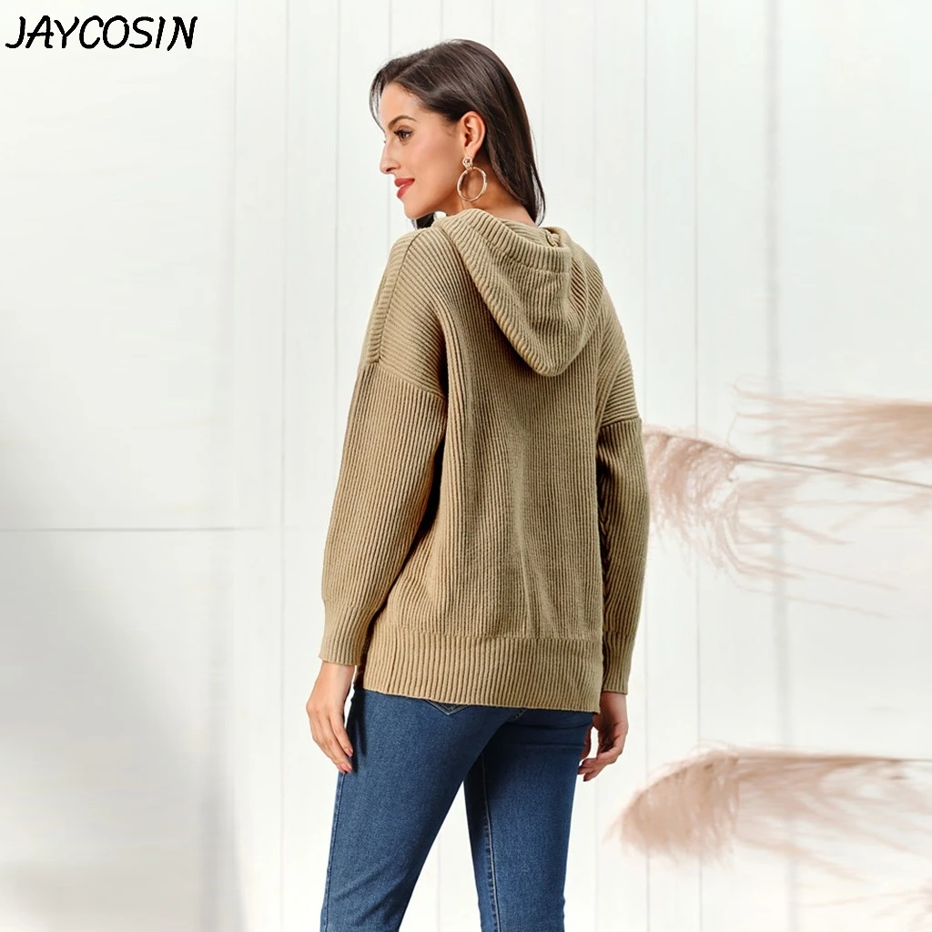 JAYCOSIN, Женская толстовка, простая, дикая, одноцветная, с длинным рукавом, теплая, зимняя, повседневная, свободная, с капюшоном, вязаный свитер, пуловер, топы