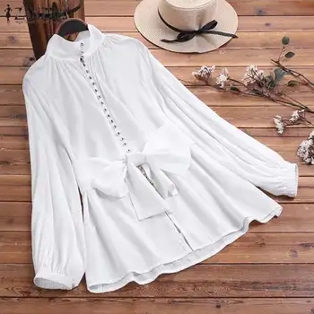 

Fashion Bow Tie Shirts Women's Spring Blouse ZANZEA 2020 Causal Button Puff Sleeve Blusas Female Stand Collar Tops Plus Size
