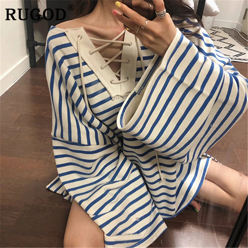 RUGOD Модные полосатые толстовки для женщин Harajuku рукав летучая мышь свободный с капюшоном корейский поп женская одежда негабаритных топов