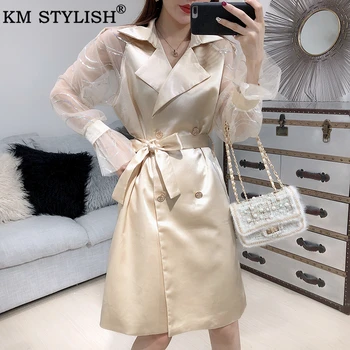 

KM STYLISH Women Medium Long Trench Champagne Windbreaker Belt Outwear Autumn New Slim Mesh Splicing Flare Sleeve Female Clothes
