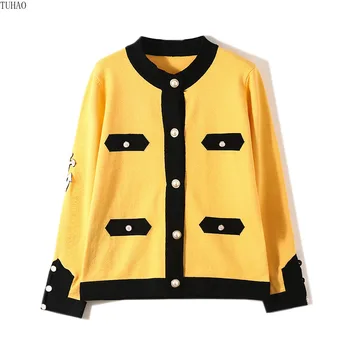 

2019 Button Letter Embroidery Cardigan Woman 2019 Fall Korean Style Color Patchwork Knitted Jacket Woman Sweater T1078