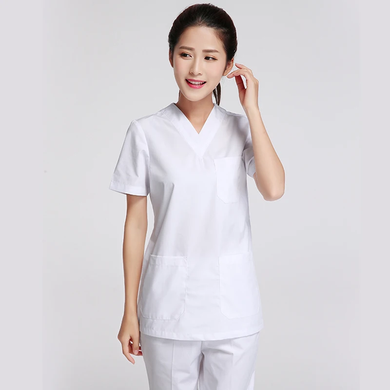 women TOP white Мужской и Женский скраб-топ из чистого хлопка, медицинская униформа медсестры, Классическая рубашка с v-образным вырезом и коротким рукавом(только топ - Цвет: women TOP white