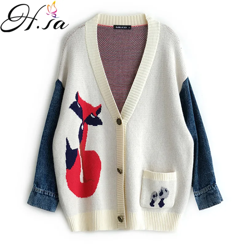 

H.SA 2019 Women Knitted Sweater and Cardigans Beige Knit Jumpers Cartoon Fox Jeans Knit Cardigans Button Up oversized sweater