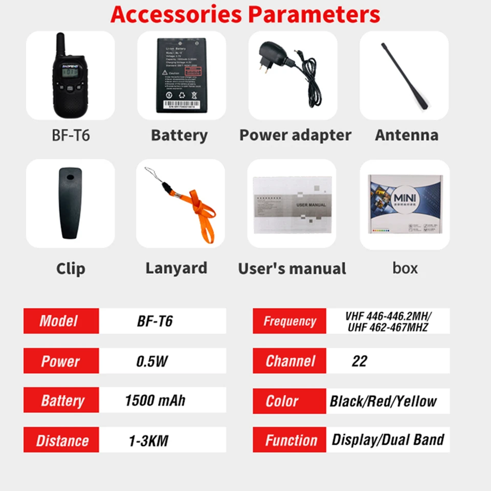 2 шт. Baofeng BF-T6 мини Детская рация FRS PMR портативная CB любительская радиостанция 3 км 22 канала двухстороннее радио FM коммуникатор