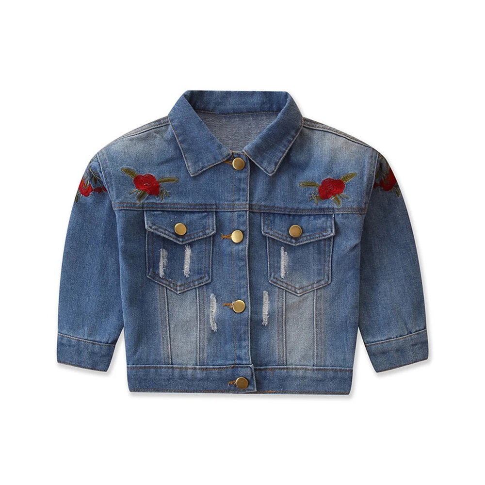 Джинсовая куртка с цветочной вышивкой для девочек модная верхняя одежда детей