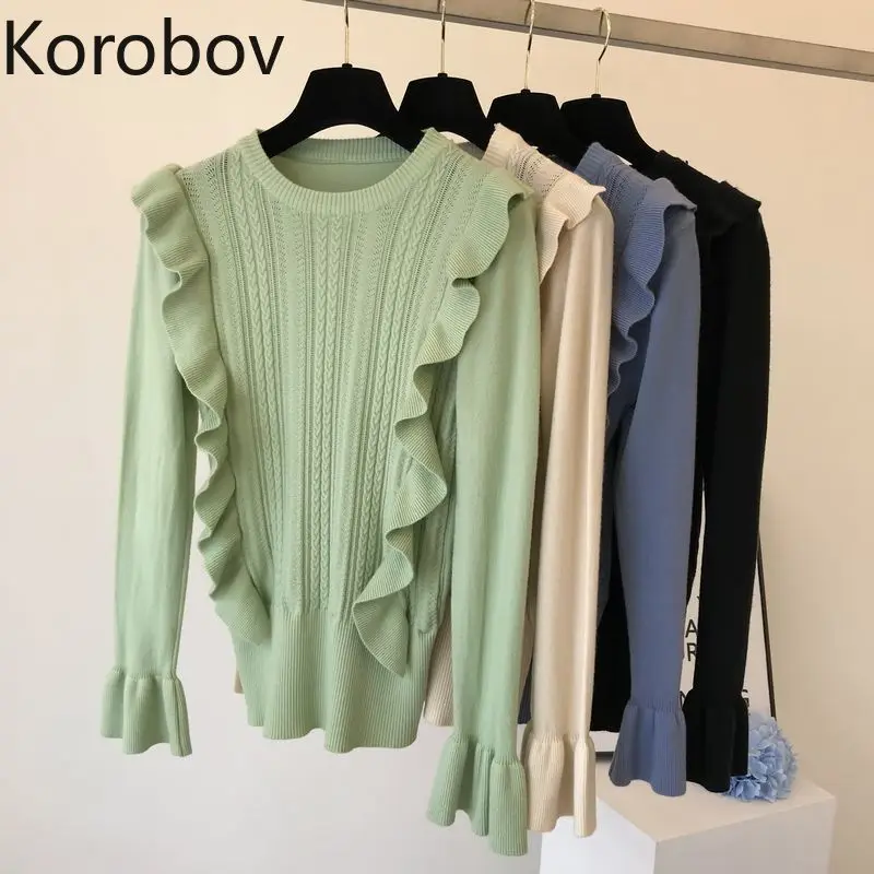 

Korobov Fashion Knit Sexy Hollow Out Ruffles Elegant Women Pullover Sweater Korean O Neck Flare Sleeve Runway Sueter Mujer 78904