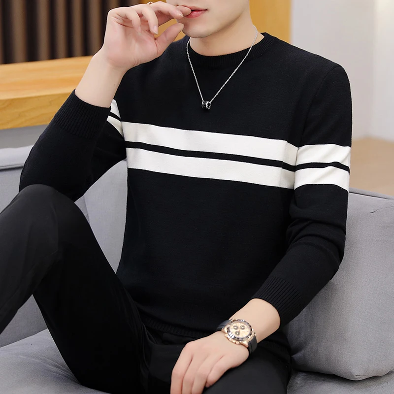 2019 autumn and winter men's round neck sweater Men's warm bottoming sweater men's casual striped soft and comfortable sweater