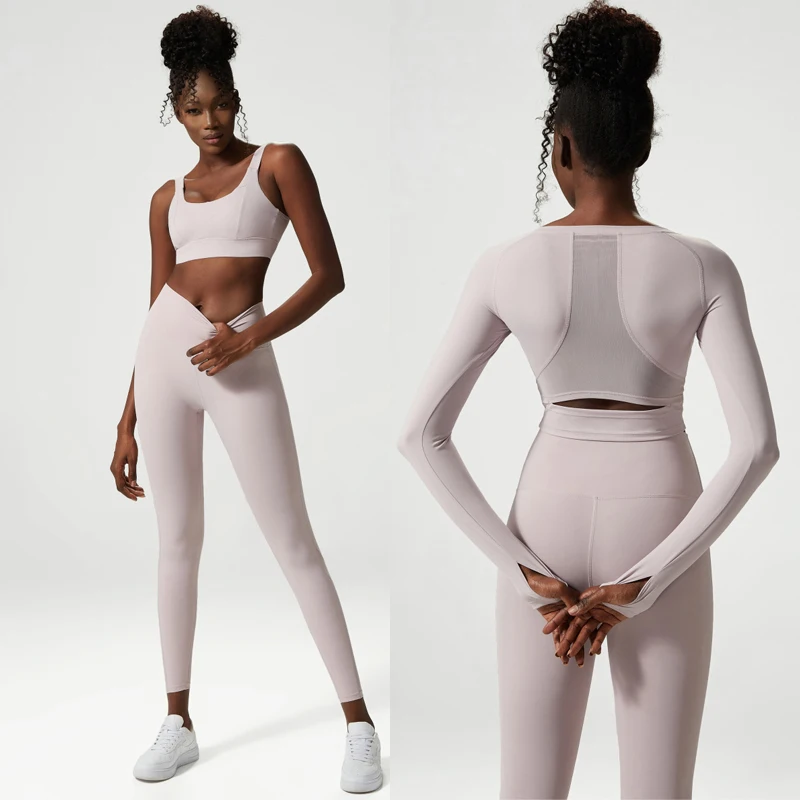 New Women Solid Color Sportswear 2/3Pcs Yoga Set Workout Gym Clothes Long  Sleeve Crop Top High Waist Leggings Sports Suit