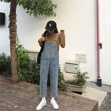 moda feminina Korean Jeans overalls pockets high waist regular elastic waist casual style autumn hot Women's Clothing ins Female