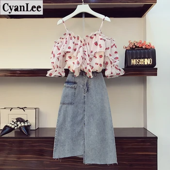 

Plus Size Women Two Pieces Sets 2020 Summer Fruit Print Chiffon Shirt+Irregular Denim Skirt Female Fashion Suits Lady Office Set
