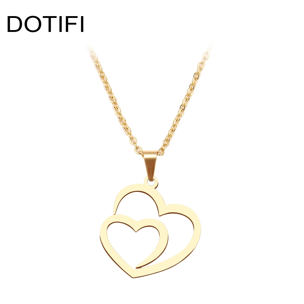 DOTIFI Stainless Steel Necklace For Women Man Hollow Double Heart Choker Pendant Charms Necklace Engagement Jewelry - Image 3