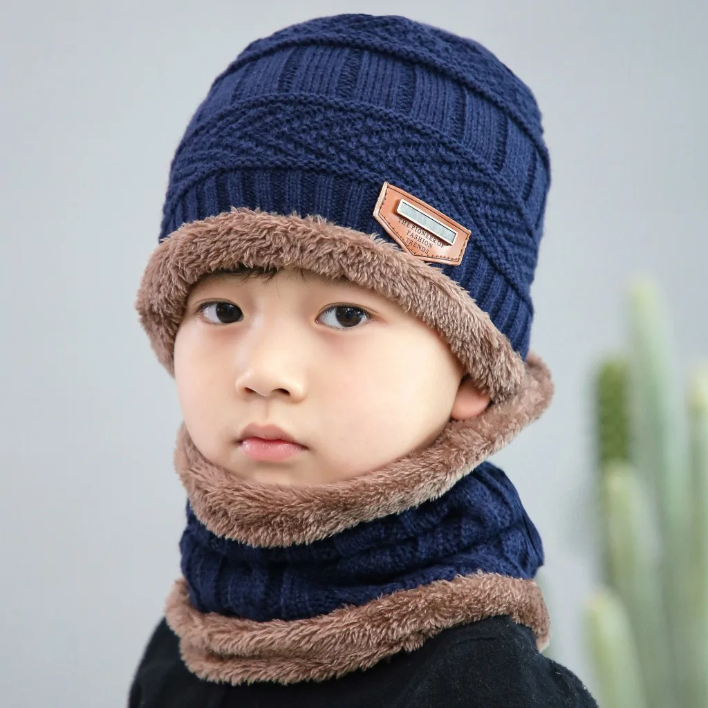 Fleece Contrast Colors Knitted Warm Winter Hats For Kid Hat+scarf Two Piece Set Winter Warm Knitted Baby Hat For Girls Boys