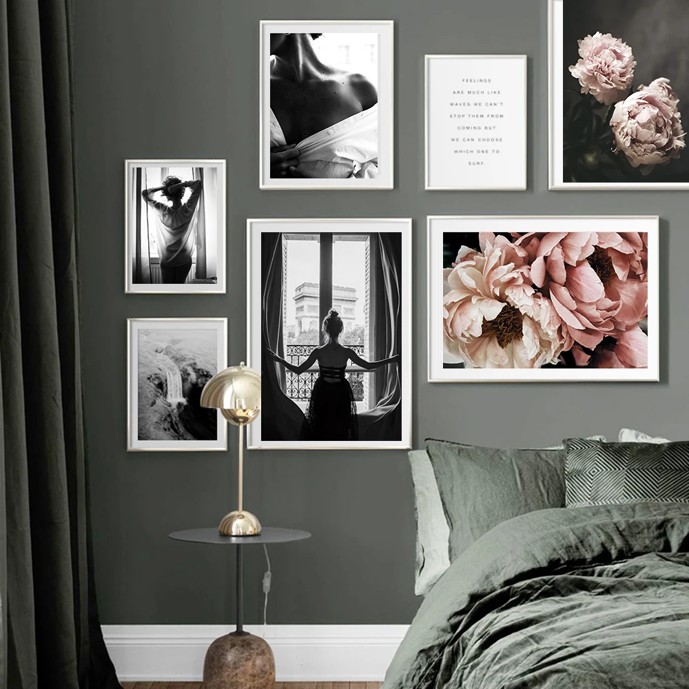 Окно девушки черно-белая Настенная картина с цветком винтажные Наклейки Плакаты и принты настенные картины для гостиной