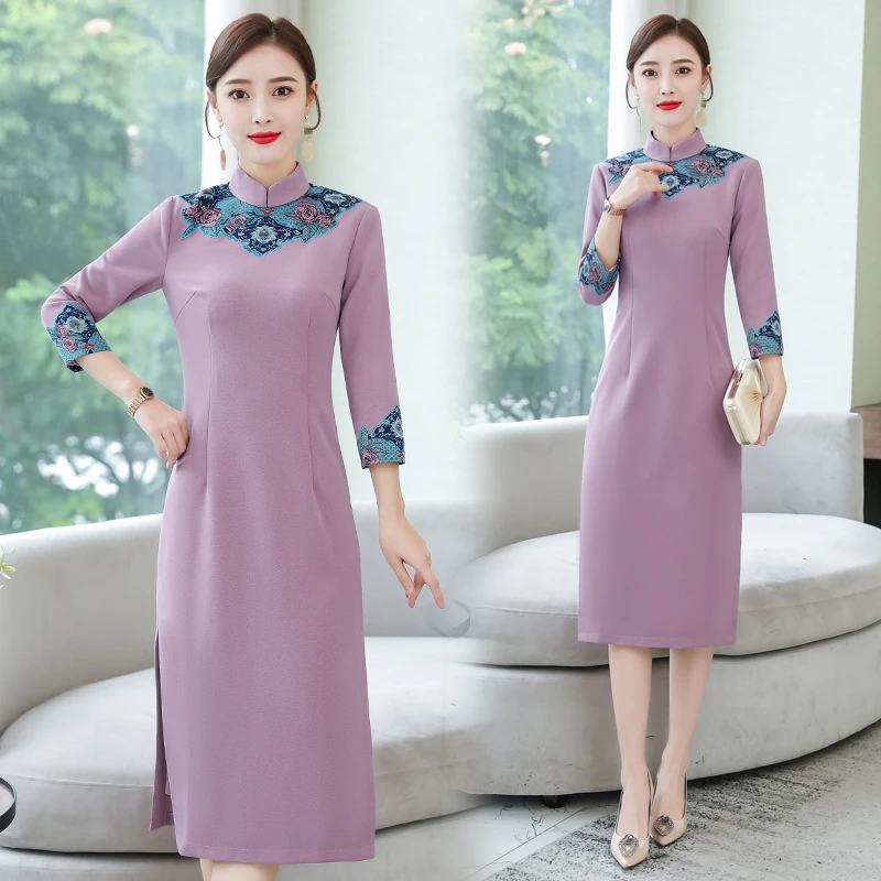 ASYH-8225# Высокий воротник Таро розовые платья матери невесты свадебное платье Cheongsam длинное бархатное и плотное платье